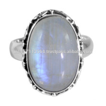 925 Sterling Silver & Rainbow Moonstone Gemstone Simple Design Ring Jewelry